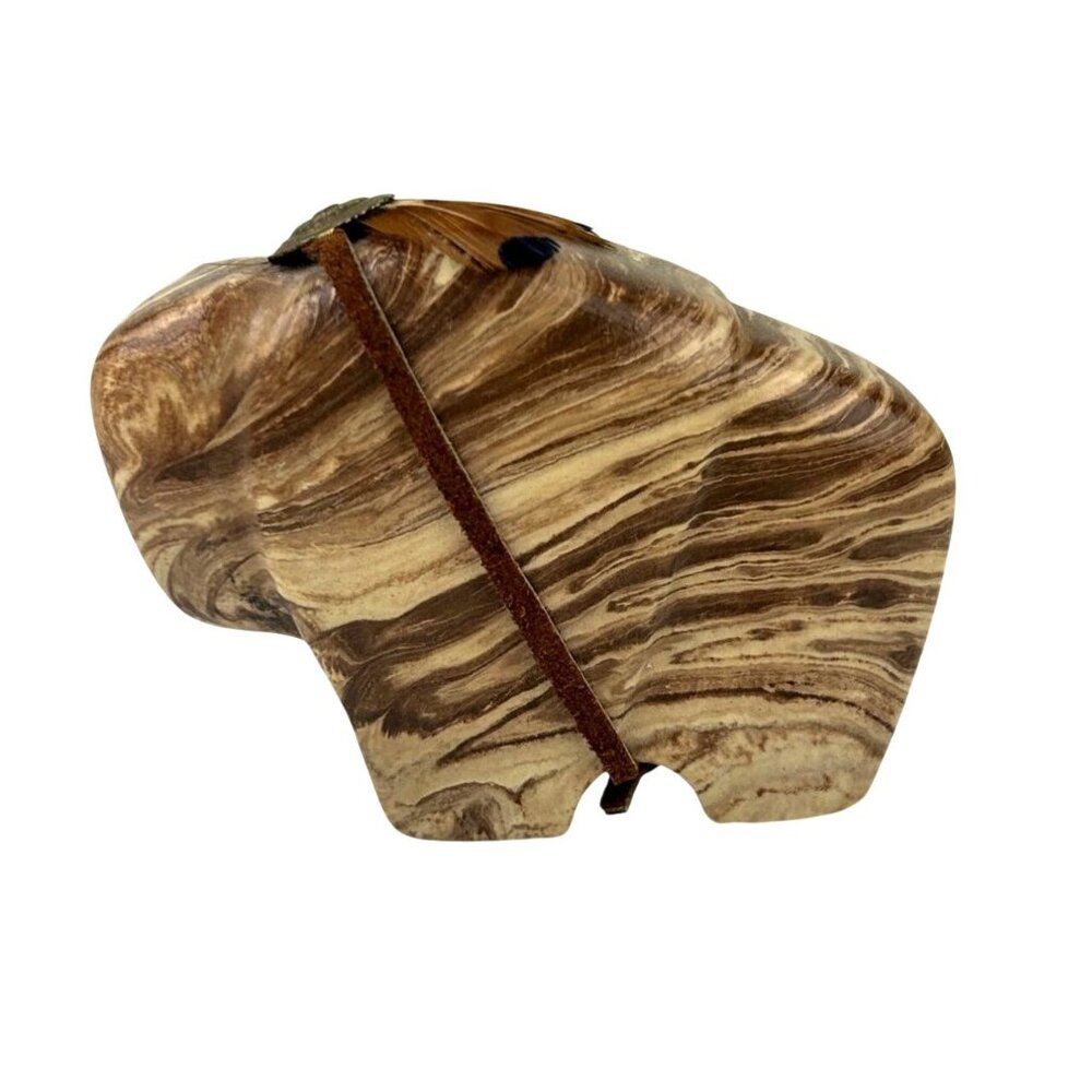 Zuni Fetish Buffalo Stone Carving Signed Native American Art Statue Feather READ
